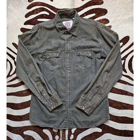 Christian Audigier Pearl Button Americana Denim Shacket Shirt Size L - Picture 1 of 5